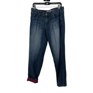 Eddie Bauer Womens 8 Flannel Lined Boyfriend Relaxed Jeans Dark Wash Plaid 8